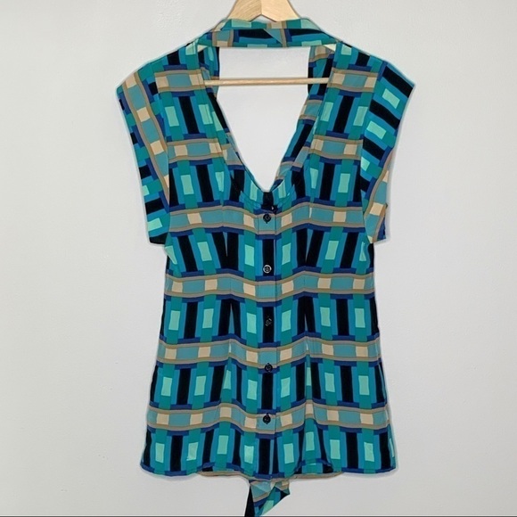 Tracy Reese Silk Geometric Low Back Blouse Blue XS - Picture 9 of 12